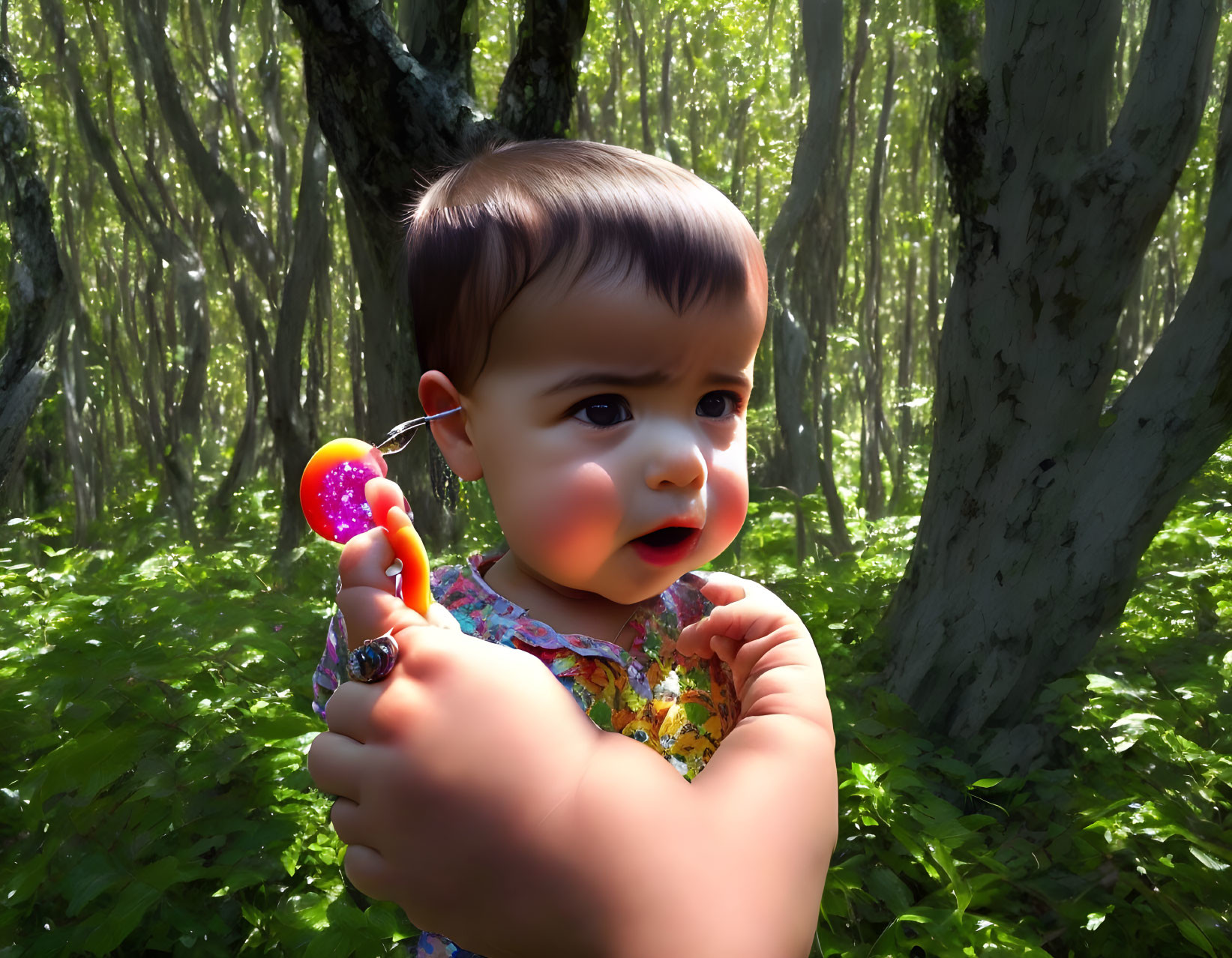 Dark-Haired Toddler Holding Colorful Toy in Sunlit Forest