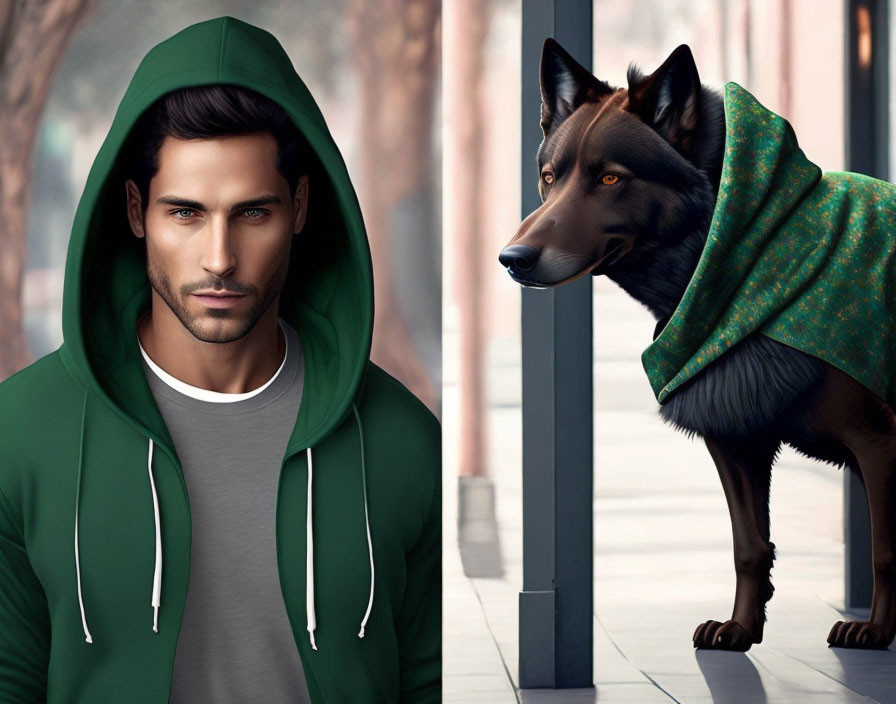 Digitally created diptych with man in green hoodie and dog in matching fabric against cityscape