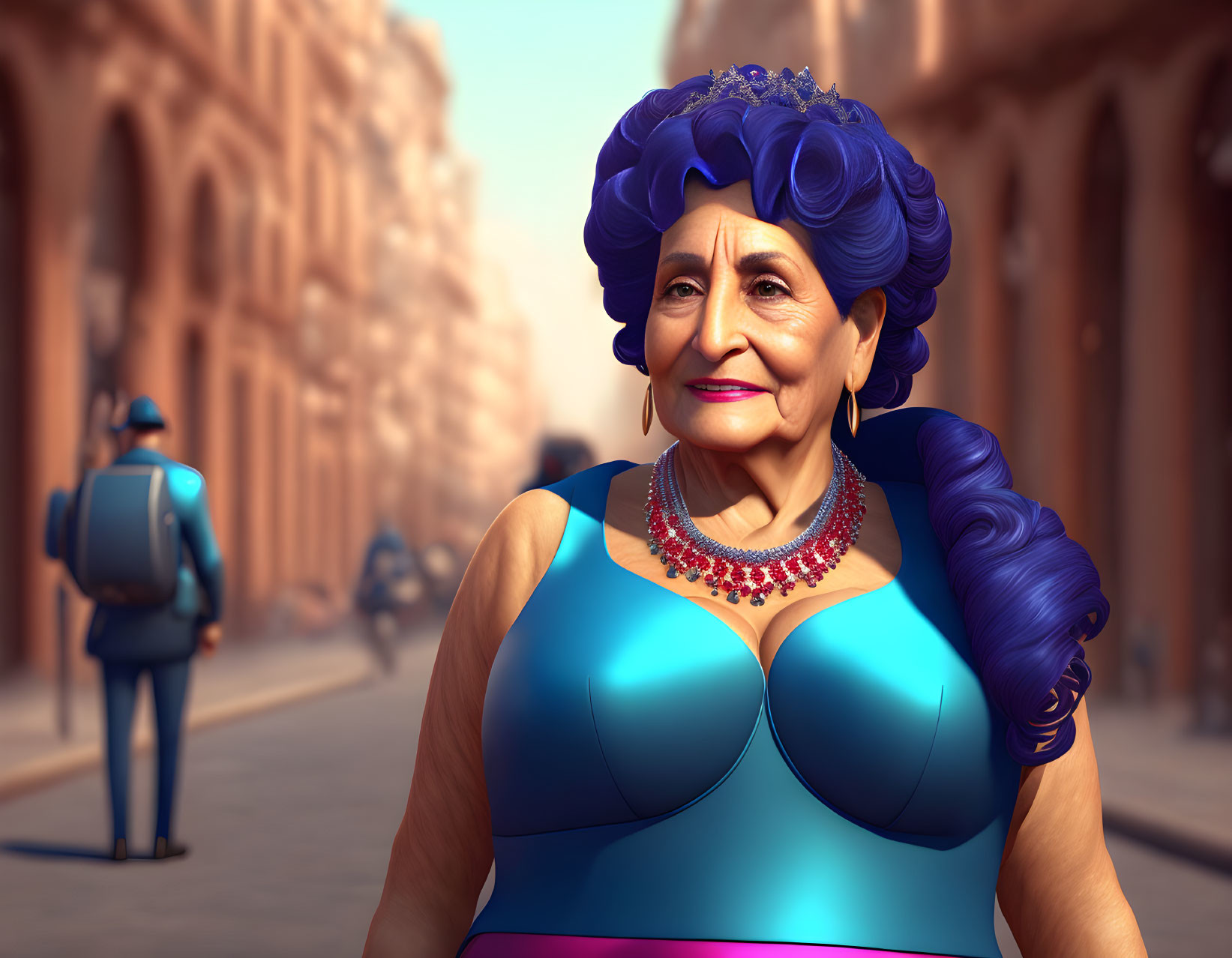 Elderly Woman with Blue Hair in Teal Dress on City Street