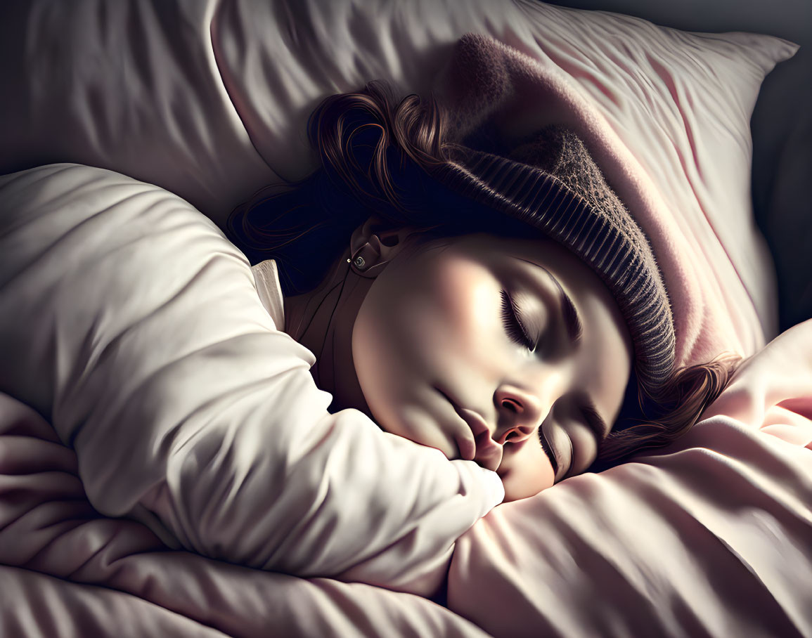 Person sleeping peacefully in beanie and long-sleeved top