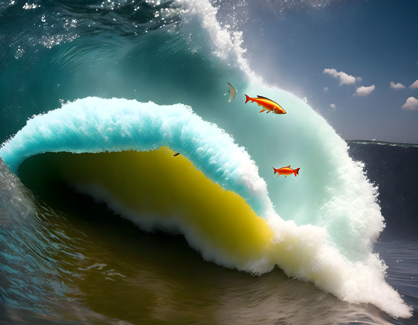 Three orange fish swimming in a digital ocean wave under a sunny sky