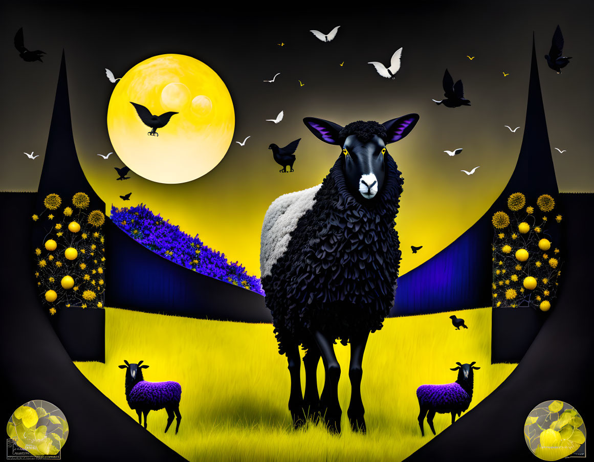 Surreal black sheep surrounded by flowers, butterflies, and moon