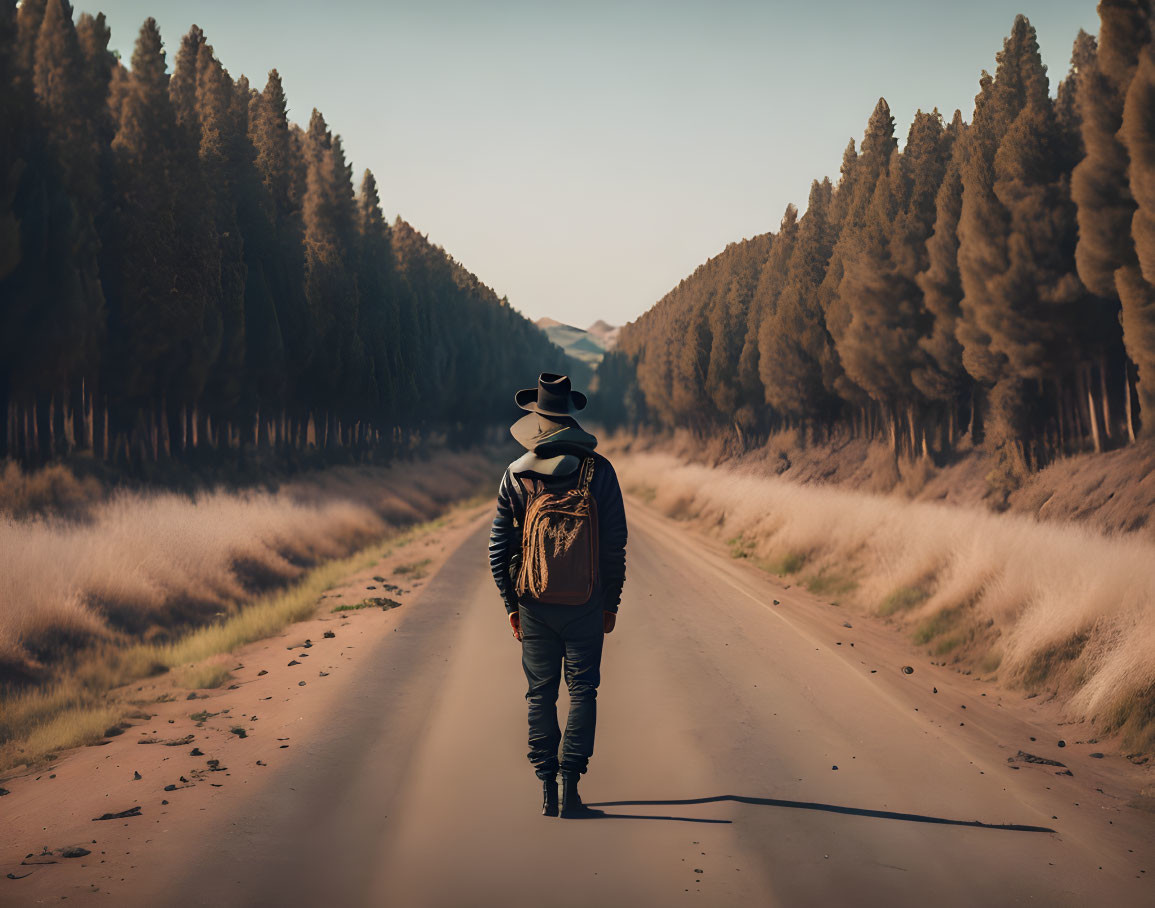 Person with hat and backpack walking on deserted road among tall pine trees and golden grass