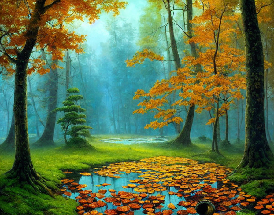 Tranquil Autumn Forest with Orange Leaves and Misty Pond