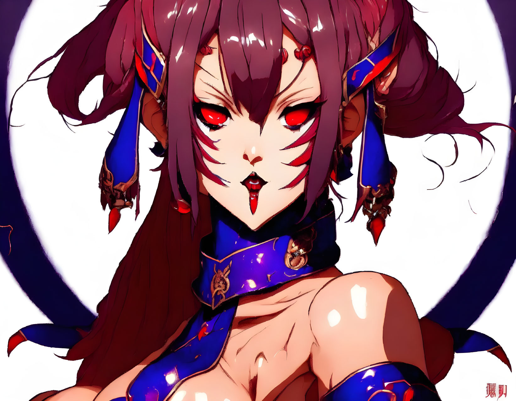 Fantasy character with red eyes, purple hair, pointed ears, blue and gold armor