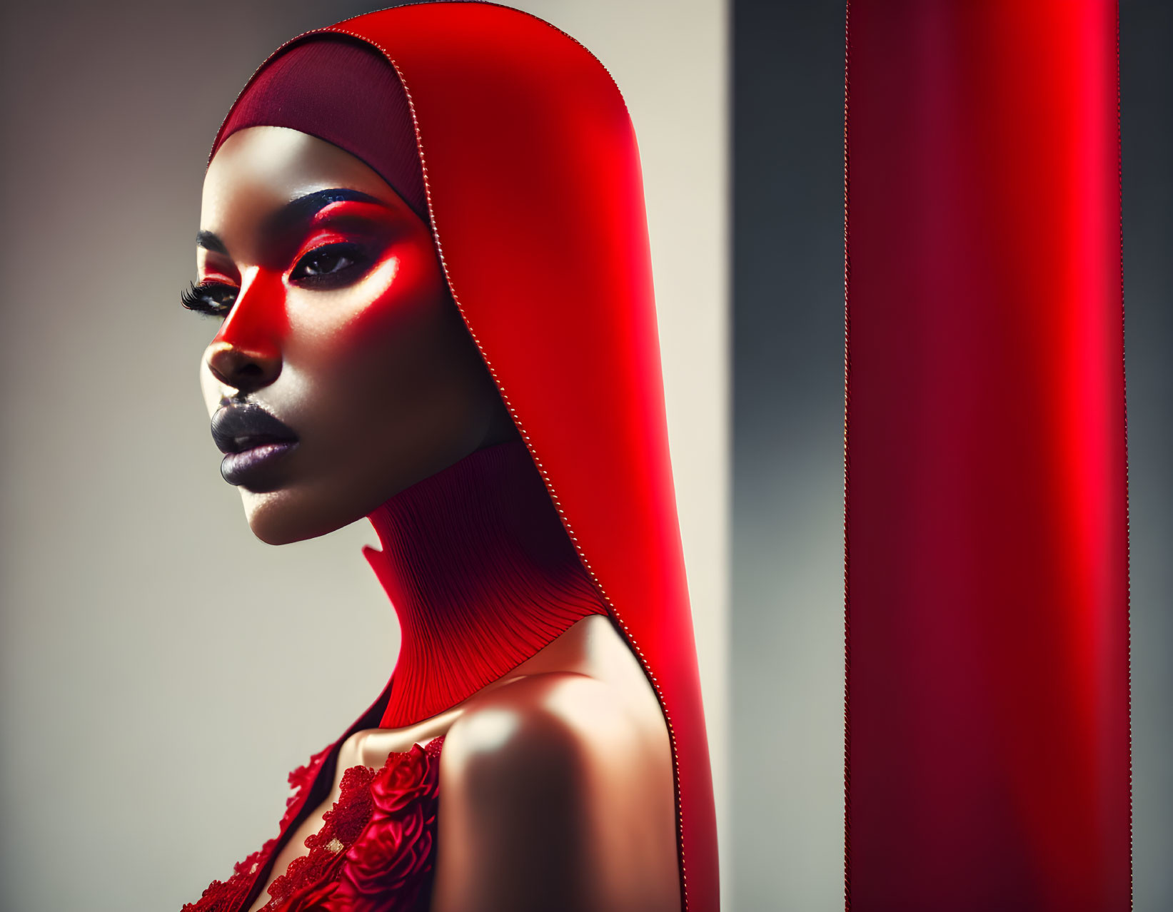 Woman with red headscarf under striking red lighting, intense gaze and shadowed profile