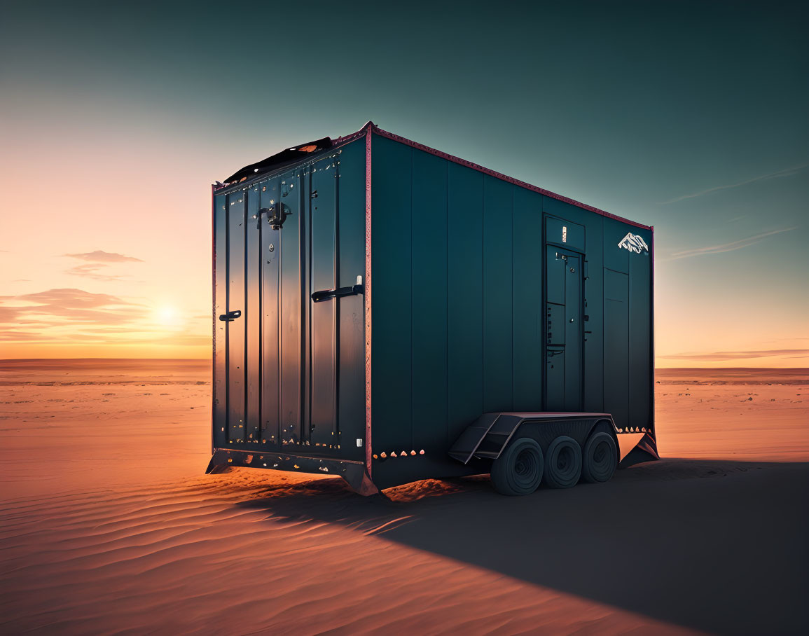 Dark Mobile Container with Wheels in Desert Sunset