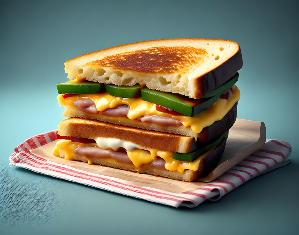 Cheese, ham, and bell pepper sandwich on wooden board