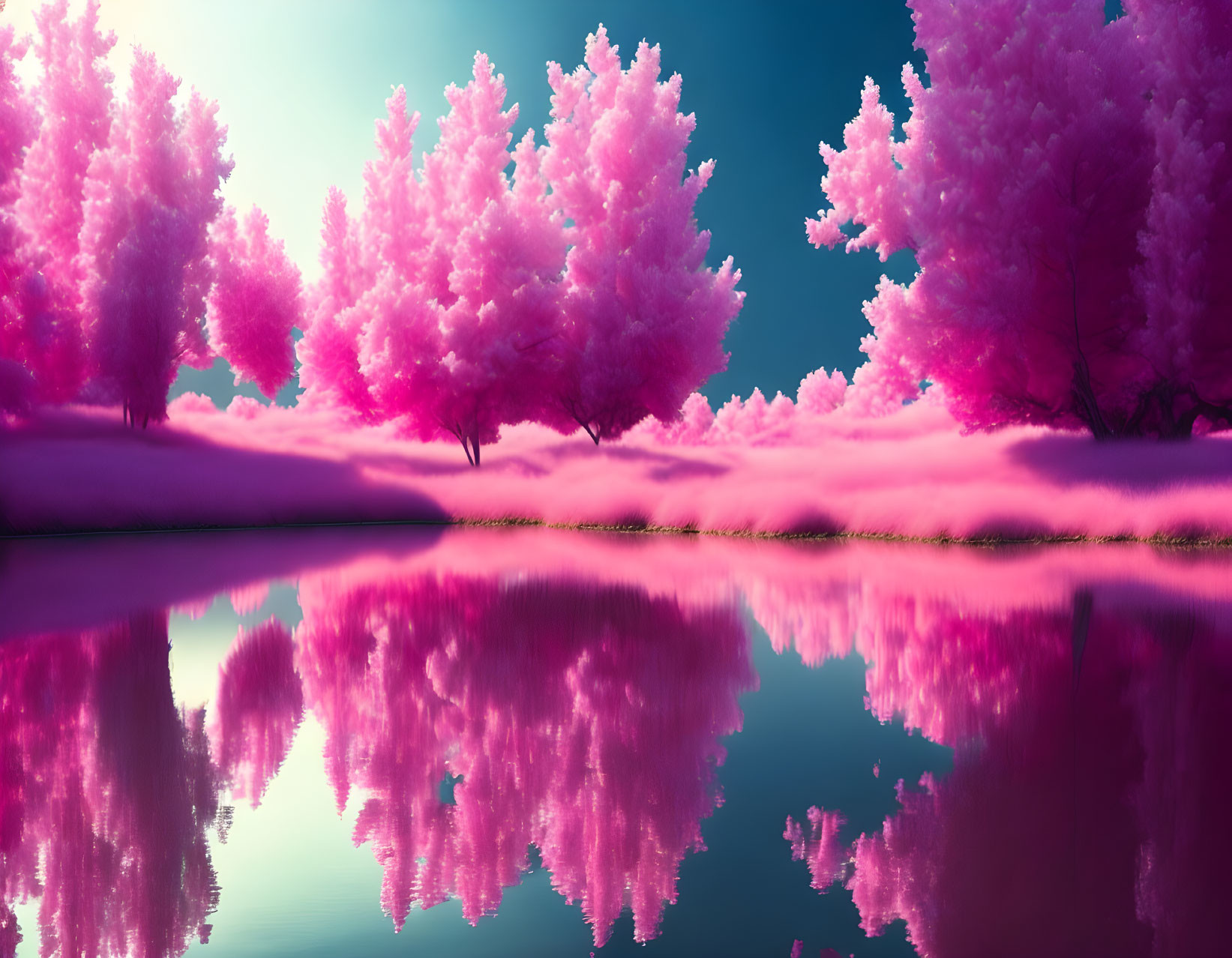 Vibrant pink trees in surreal landscape with calm lake and purple sky