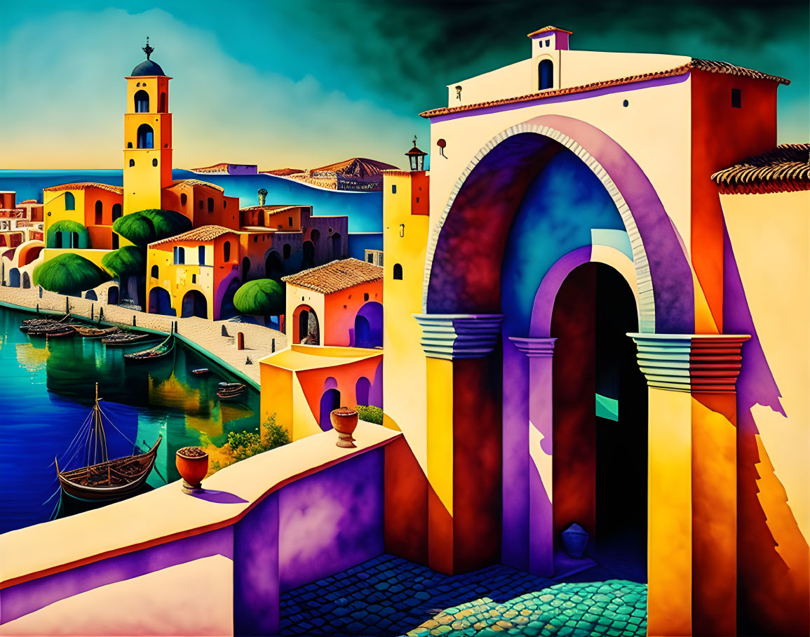 Colorful Mediterranean Coastal Village Painting with Arched Gateway & Boat