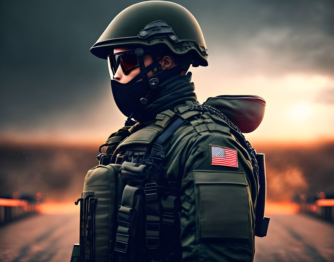 Soldier in tactical gear with helmet and flag patch in fiery twilight scene