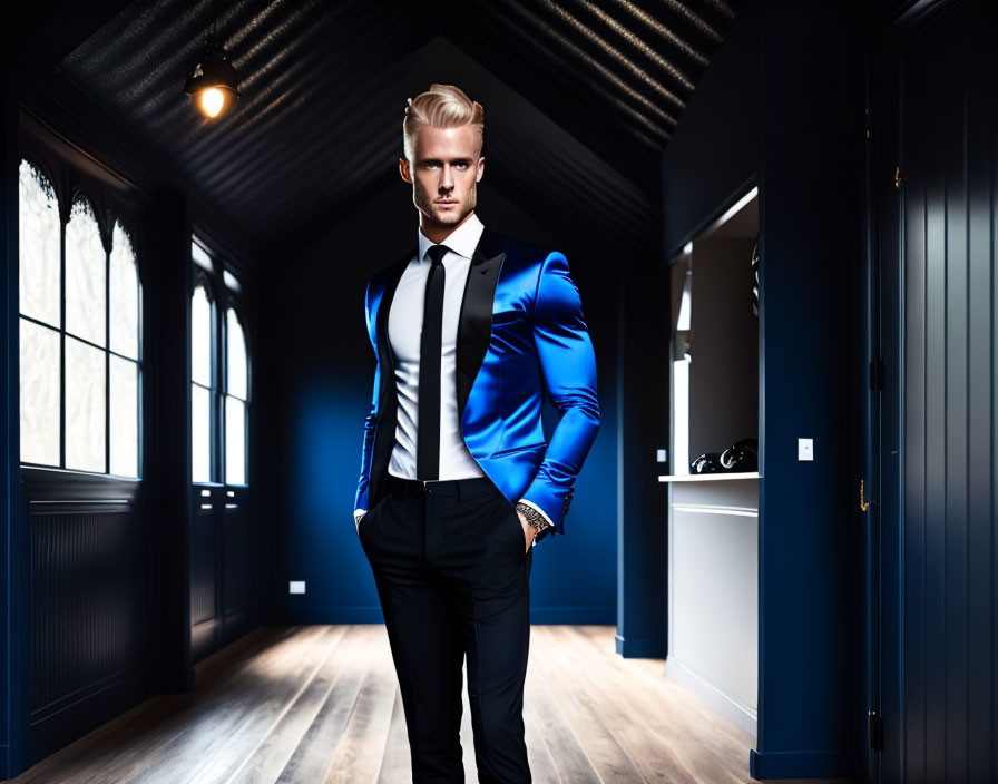 Confident Man in Striking Blue Suit in Elegant Room