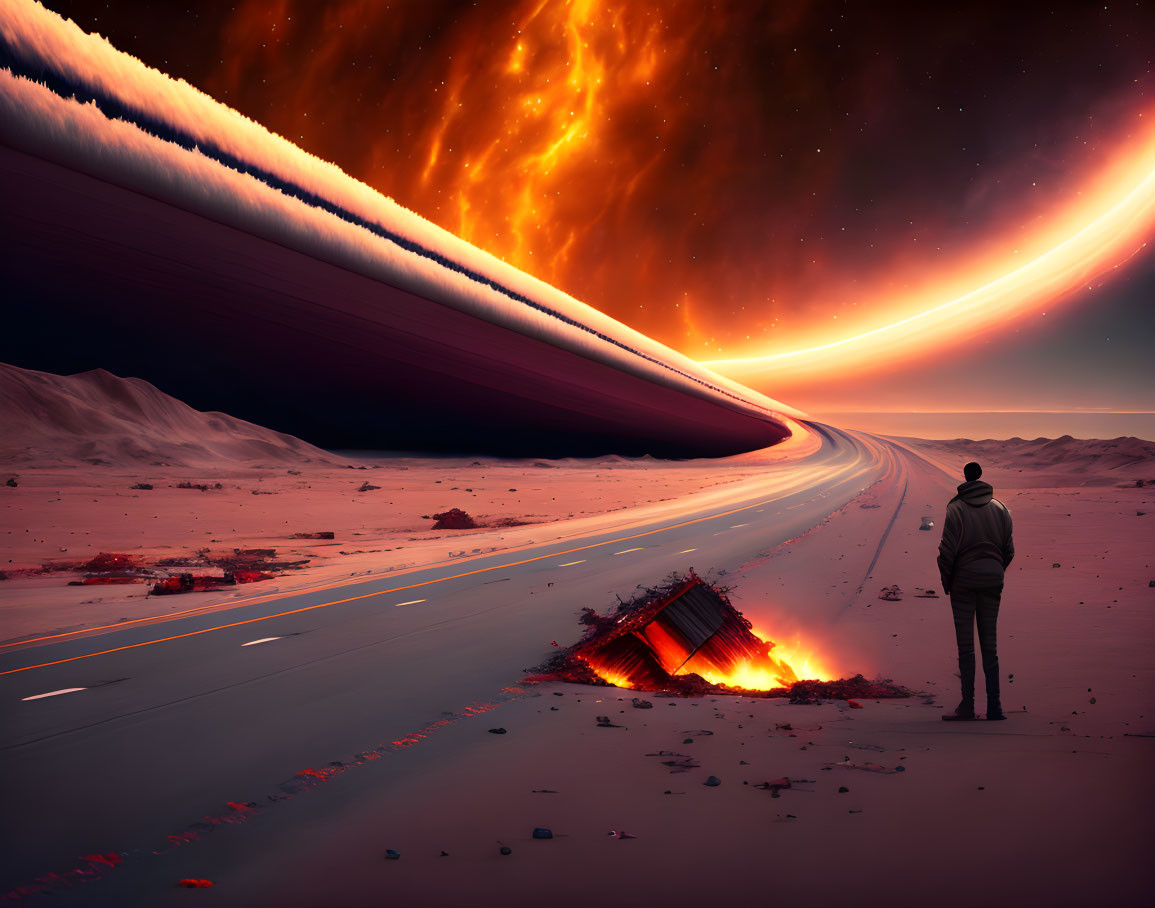 Person observing apocalyptic scene with fiery celestial body on desolate road