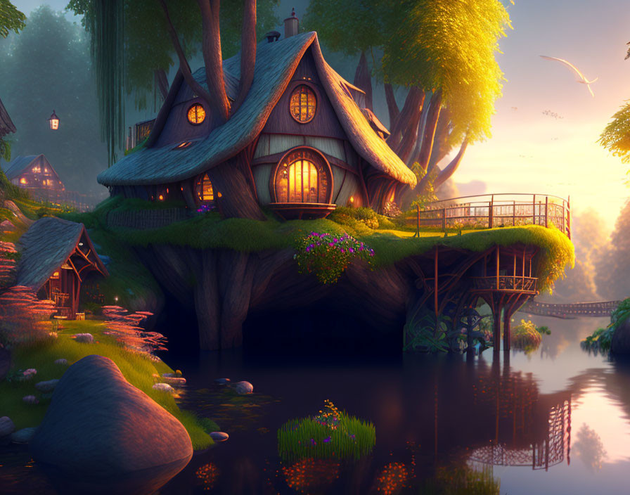 Glowing windows treehouse by tranquil pond at dusk