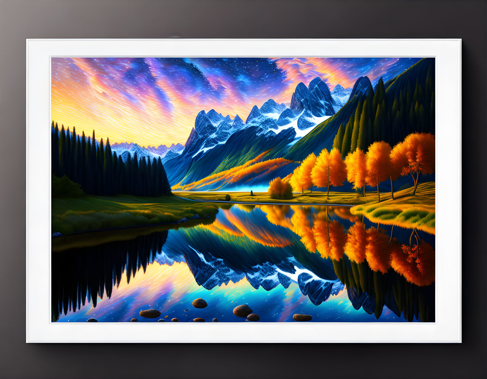 Colorful landscape painting: mountains, autumn trees, serene lake, vibrant sunset sky