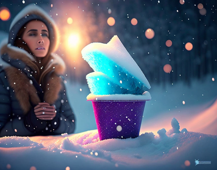 Person in Winter Attire Watches Giant Glowing Butterfly Emergence in Snowy Twilight