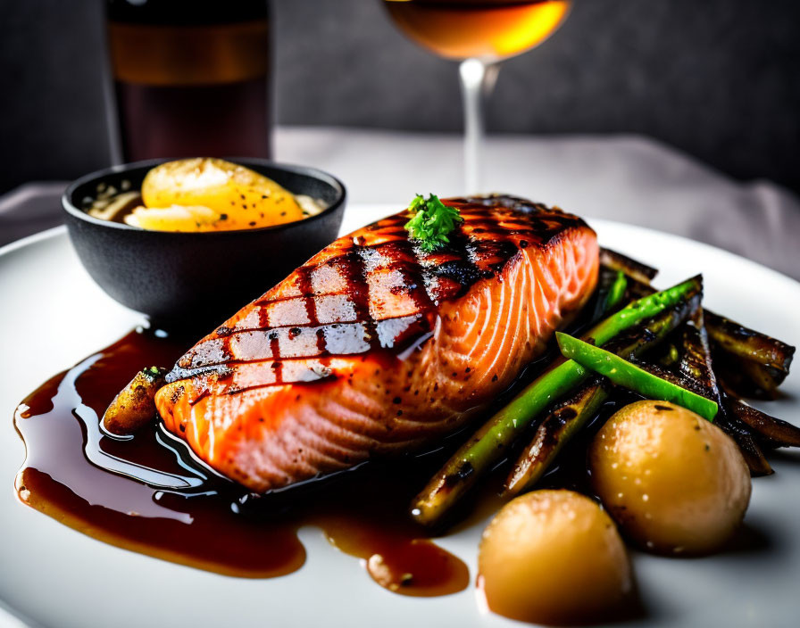 Delicious Grilled Salmon Fillet with Asparagus and Mashed Potatoes