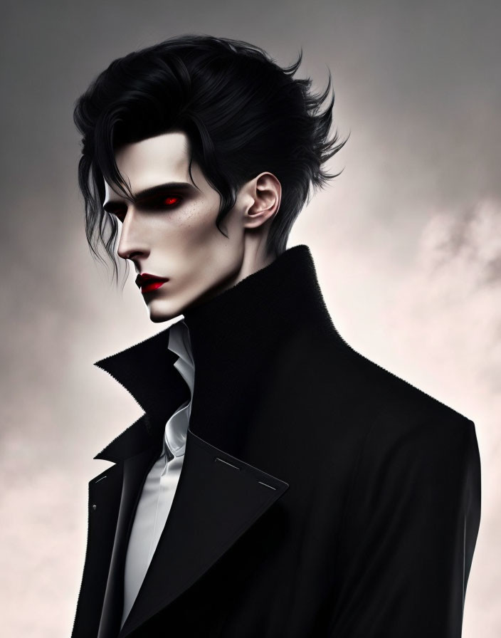 Stylized portrait of male figure with pale skin, dark hair, red eyes, high-collar outfit