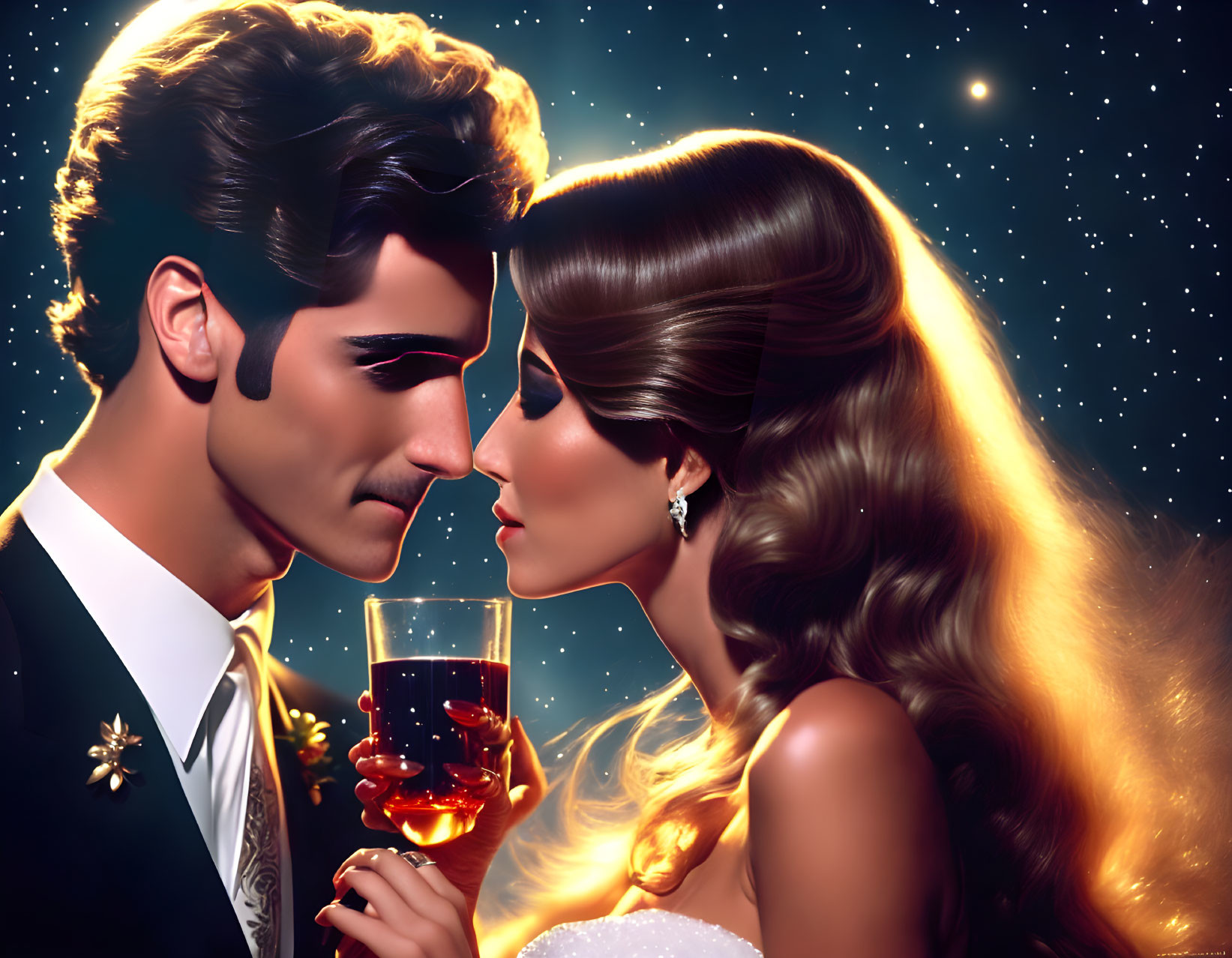 Formal couple illustration with noses touching under starry night.