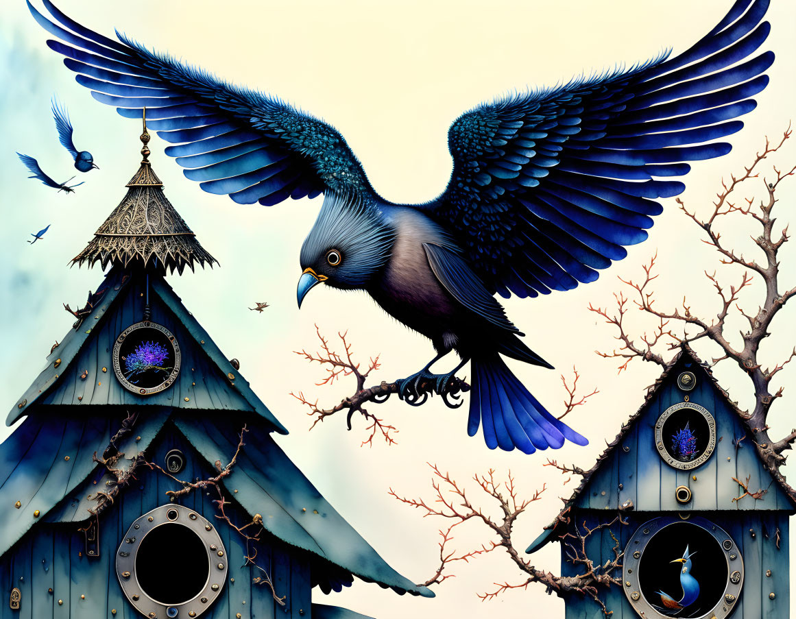 Colorful bird flying near whimsical birdhouses on barren branches