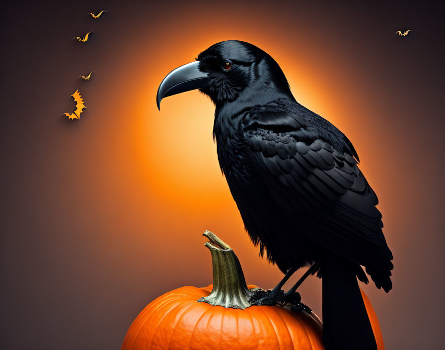 Black Raven on Orange Pumpkin with Bats Silhouette