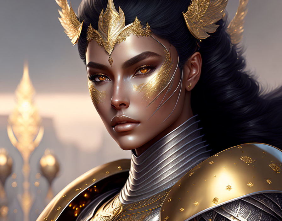 Regal female warrior digital artwork with gold armor and crown