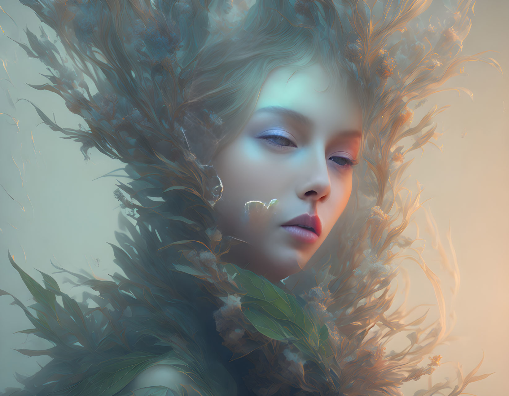 Person portrait enveloped in soft blue and earth-toned feathers