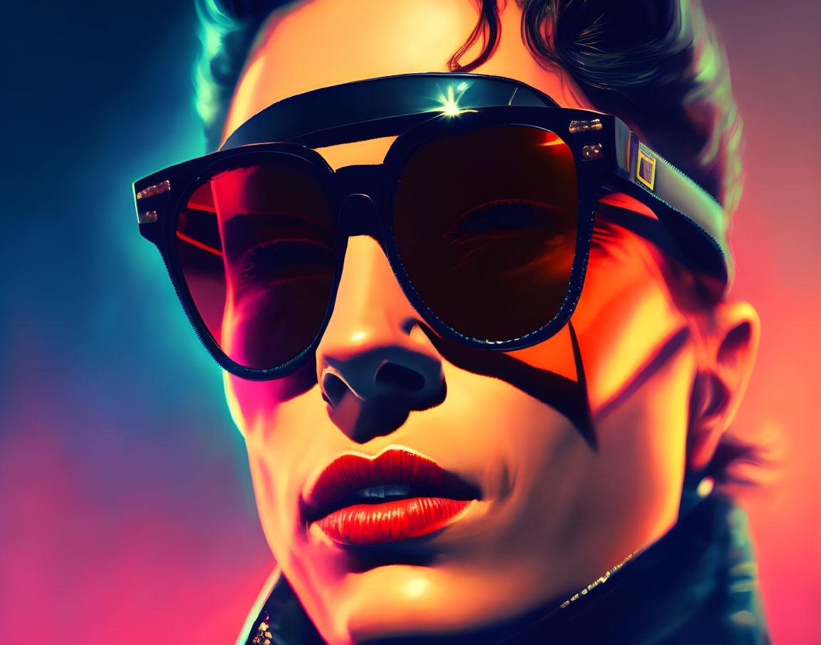 Stylized portrait with sunglasses reflecting light on red to blue gradient