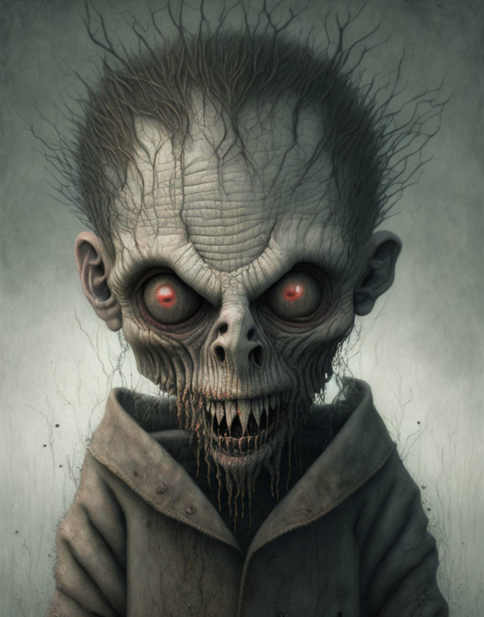 Pale, wrinkled face with red eyes and sharp teeth in spooky image.