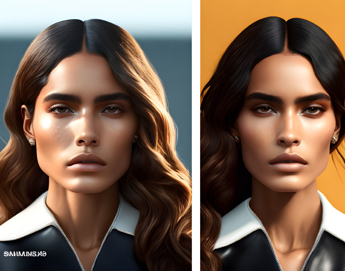 Portrait of woman with long brown hair and brown eyes in digital art.