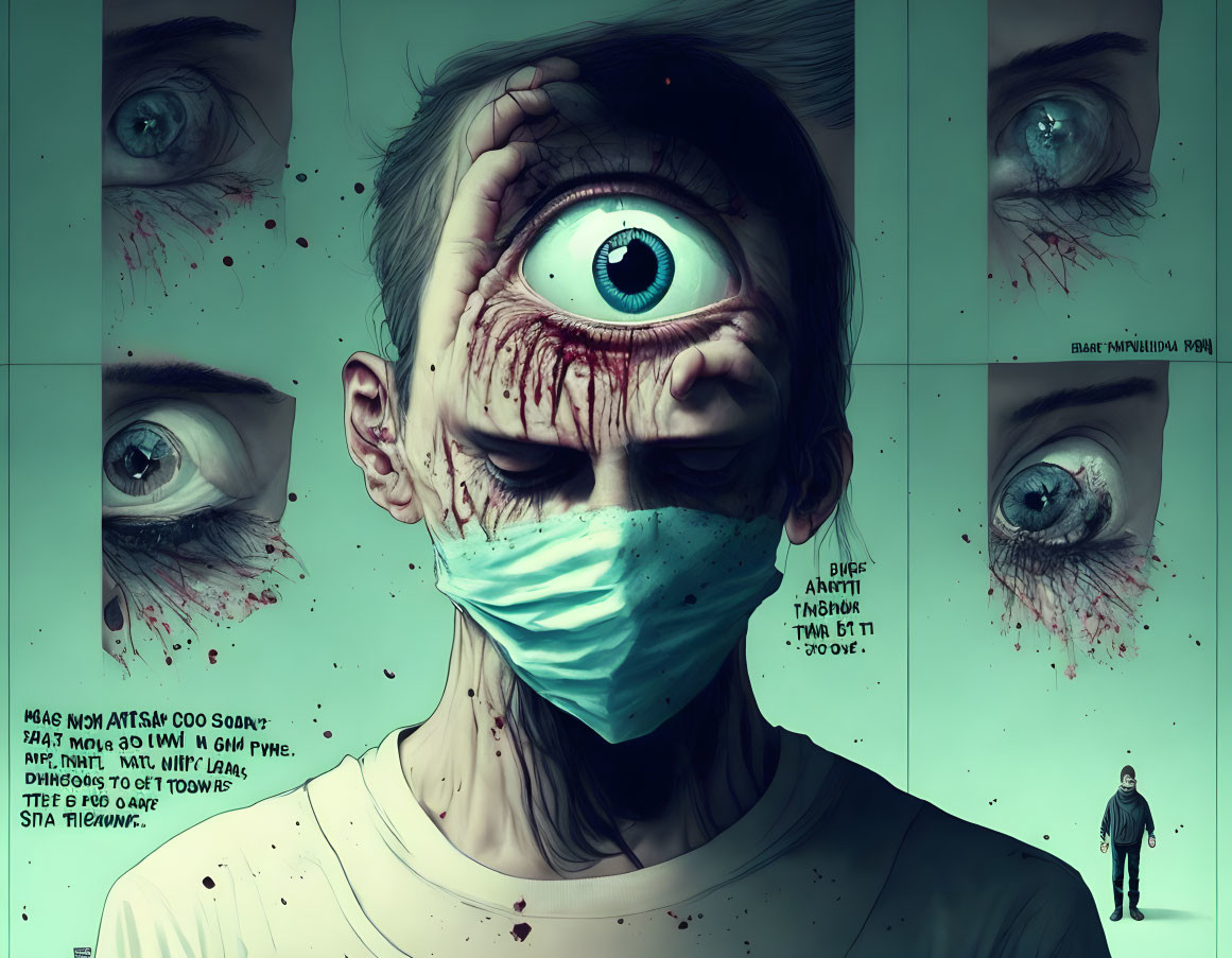 Surreal illustration of person with oversized blue eye and surgical mask