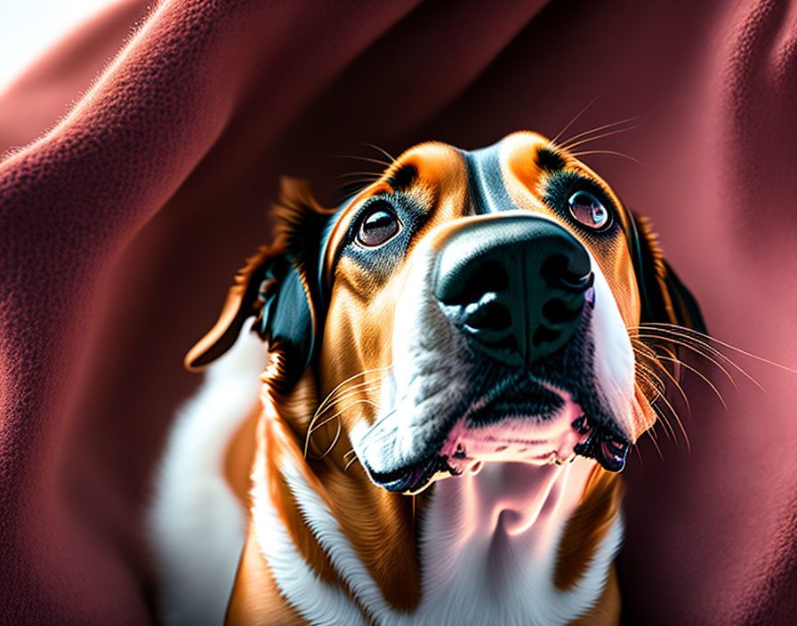 Brown and White Dog with Soulful Eyes in Warm Light on Deep Red Background