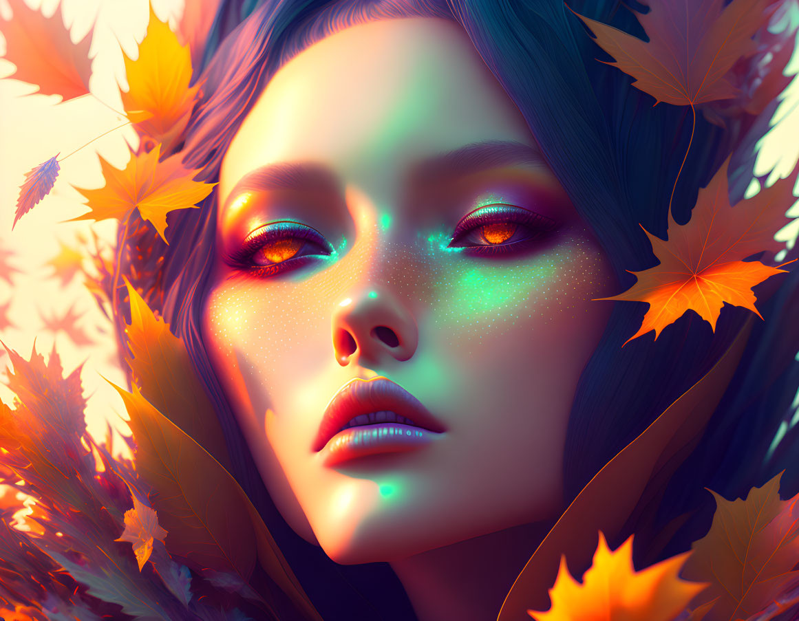 Colorful Woman Surrounded by Autumn Leaves in Digital Art