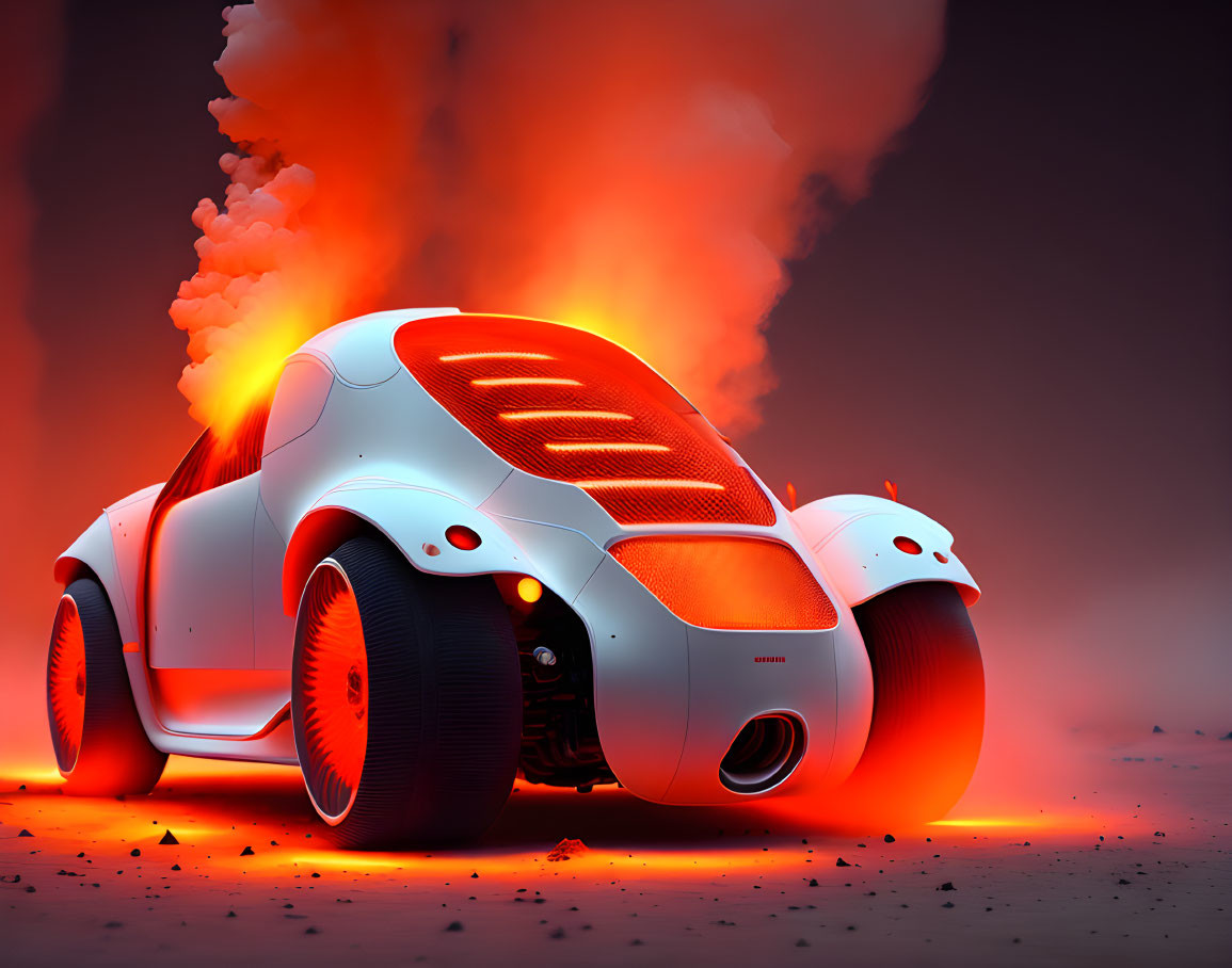 Futuristic white car with illuminated lines and oversized wheels in red-lit scene