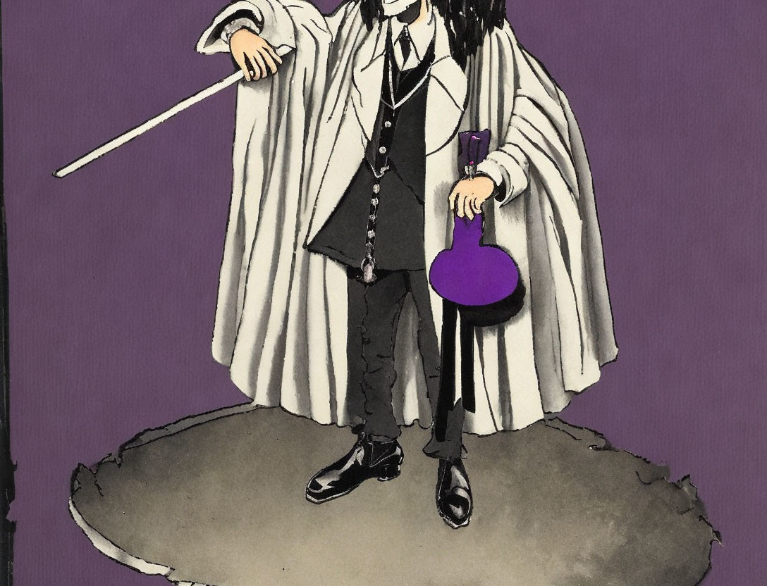 Illustrated character with white cape, wand, and purple potion on shadowed surface against purple background