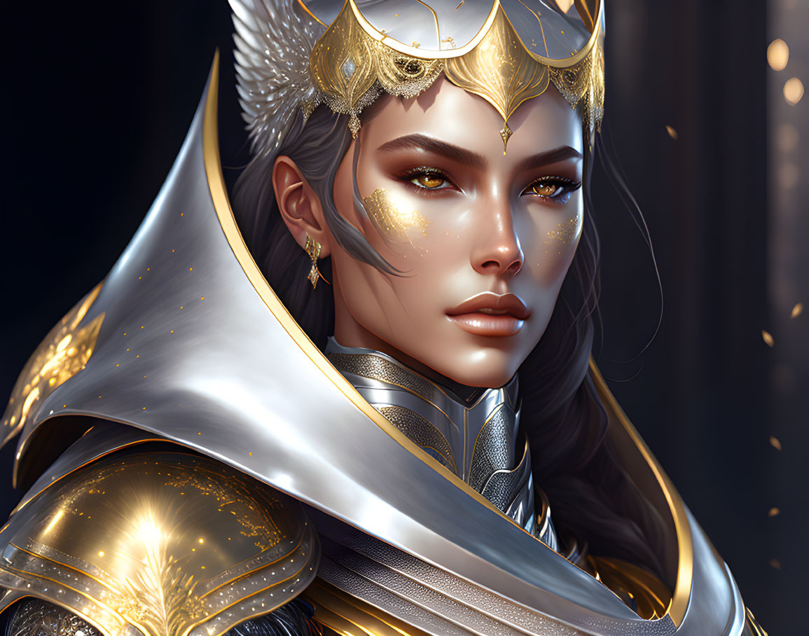 Regal woman in golden armor and crown with intricate designs