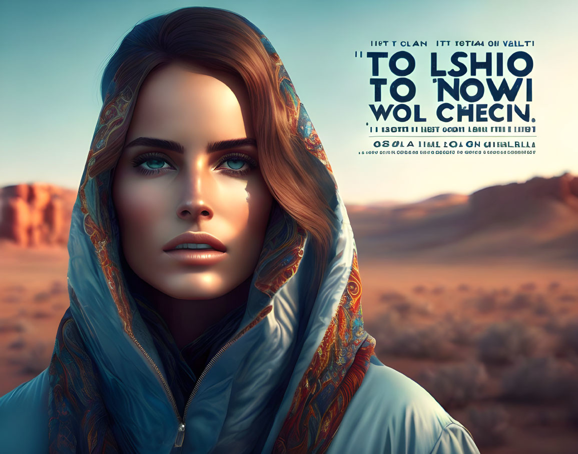 Digital illustration of woman with blue eyes in desert backdrop & patterned scarf.