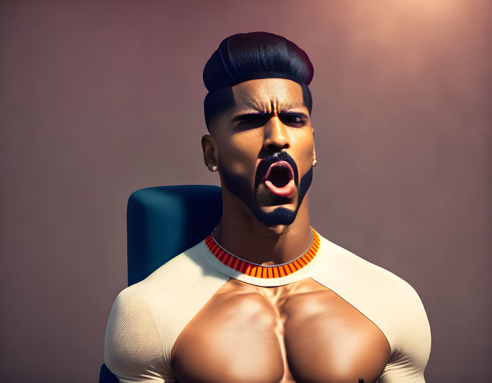 Modern man 3D illustration: open mouth, stylish haircut, white shirt with orange trim