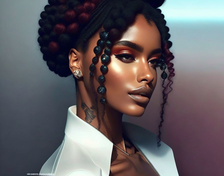 Illustration of woman with maroon hair in bun, white outfit, red eyeshadow