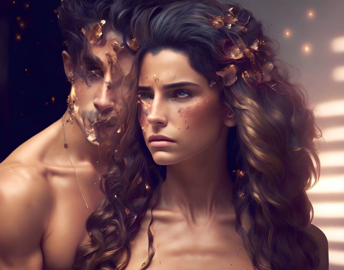 Digital artwork featuring woman with floral hair accessories and fading man with disintegrating face.