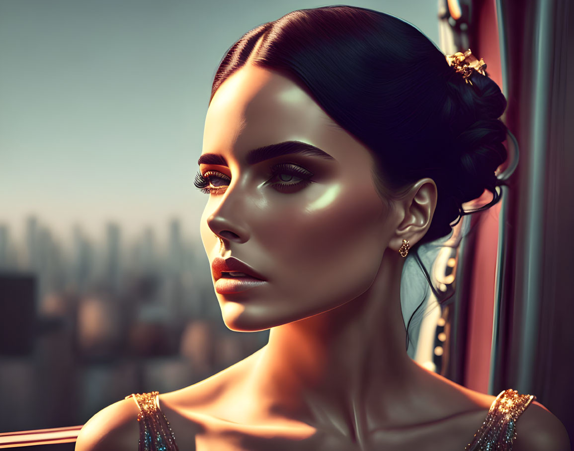 Portrait of woman with dark updo hair, earrings, and sparkly dress gazing out window