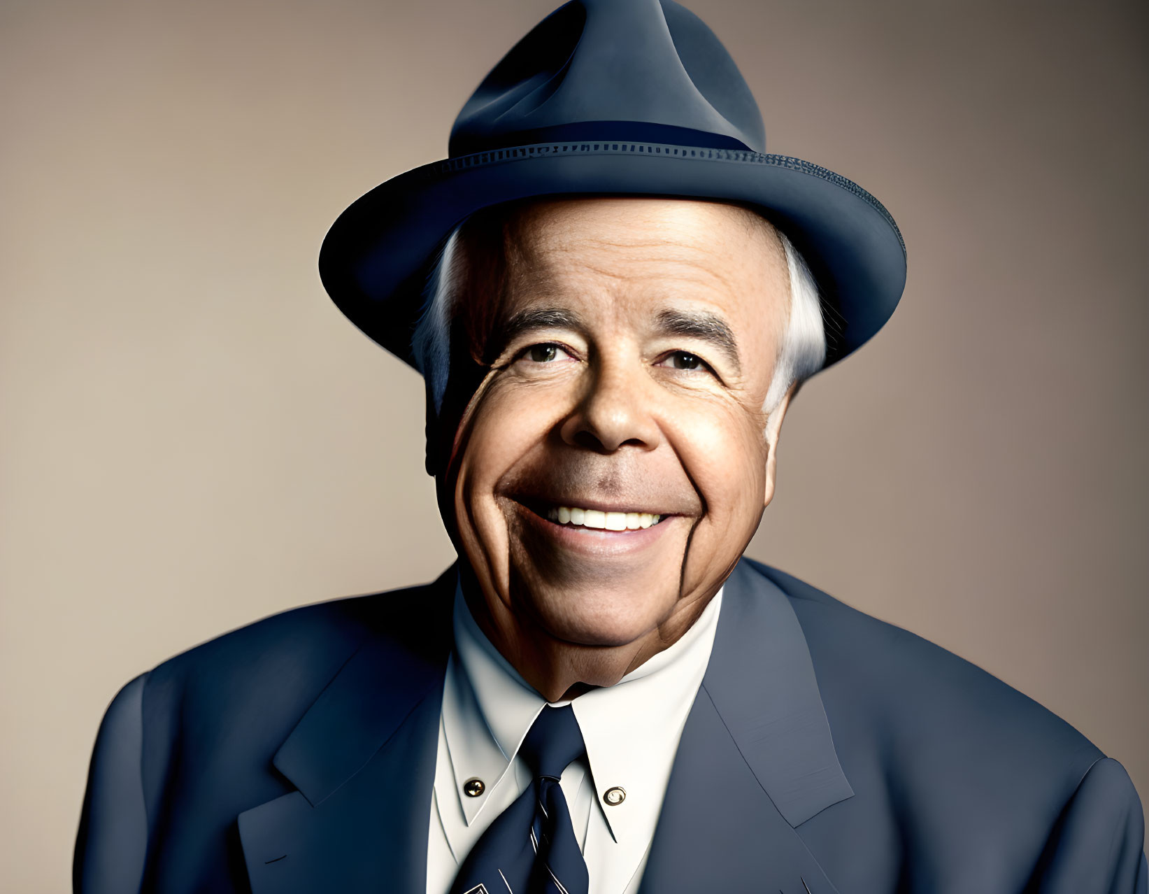 Elderly man in fedora hat and suit smiling on beige background