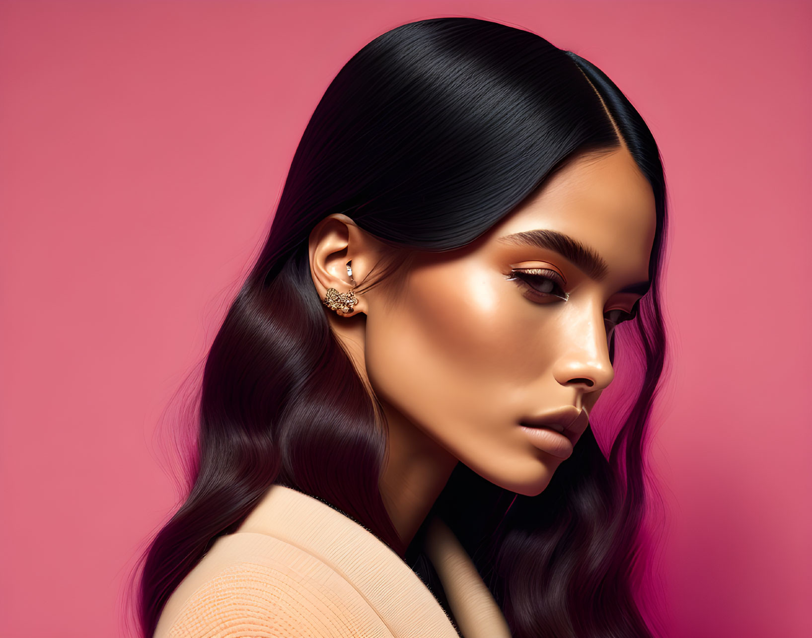 Person with Radiant Skin and Gold Earring on Pink Background with Subtle Makeup