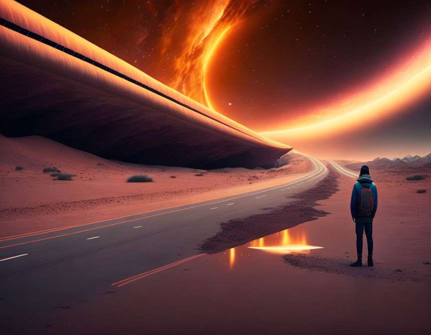 Person on desert road gazes at surreal giant ringed planet with fiery atmospheric effects