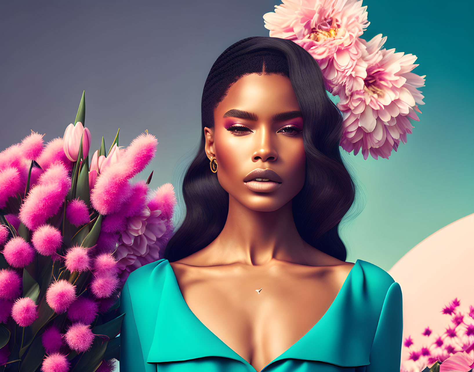 Digital portrait of woman with stylish makeup and blue top, pink flowers on pastel background