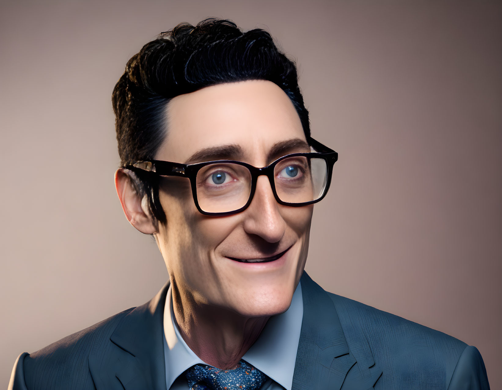 Smiling male figure in blue suit with glasses, digital 3D illustration