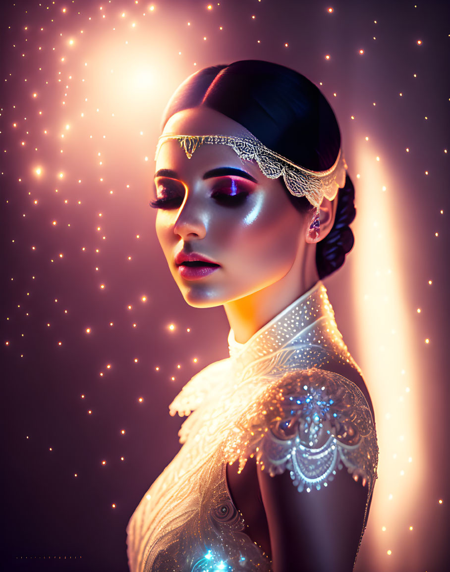 Woman in elegant attire and headpiece under warm glowing lights.