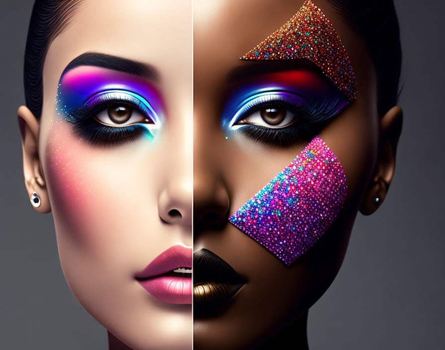 Split Image: Woman with Rainbow and Glittery Purple Makeup