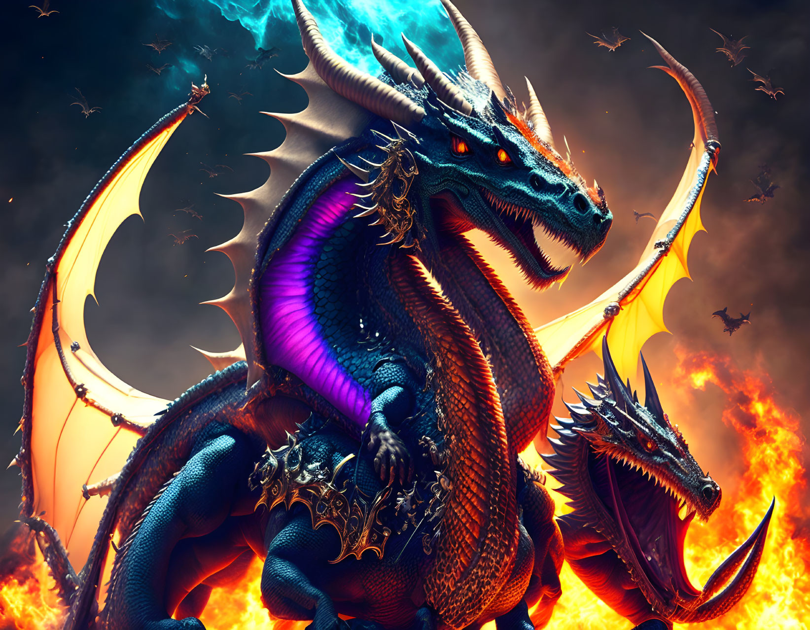 Blue Dragon with Purple Underbelly Amid Fiery Dragon Scene