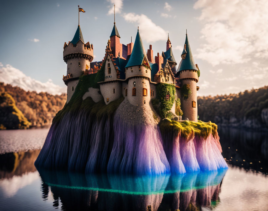 Colorful Hair-Like Textures Surround Fantasy Castle by Serene Lake